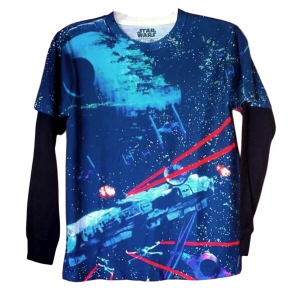 Star Wars Boys Long Sleeve Shirt with Millennium Falcon and Death Star Size L